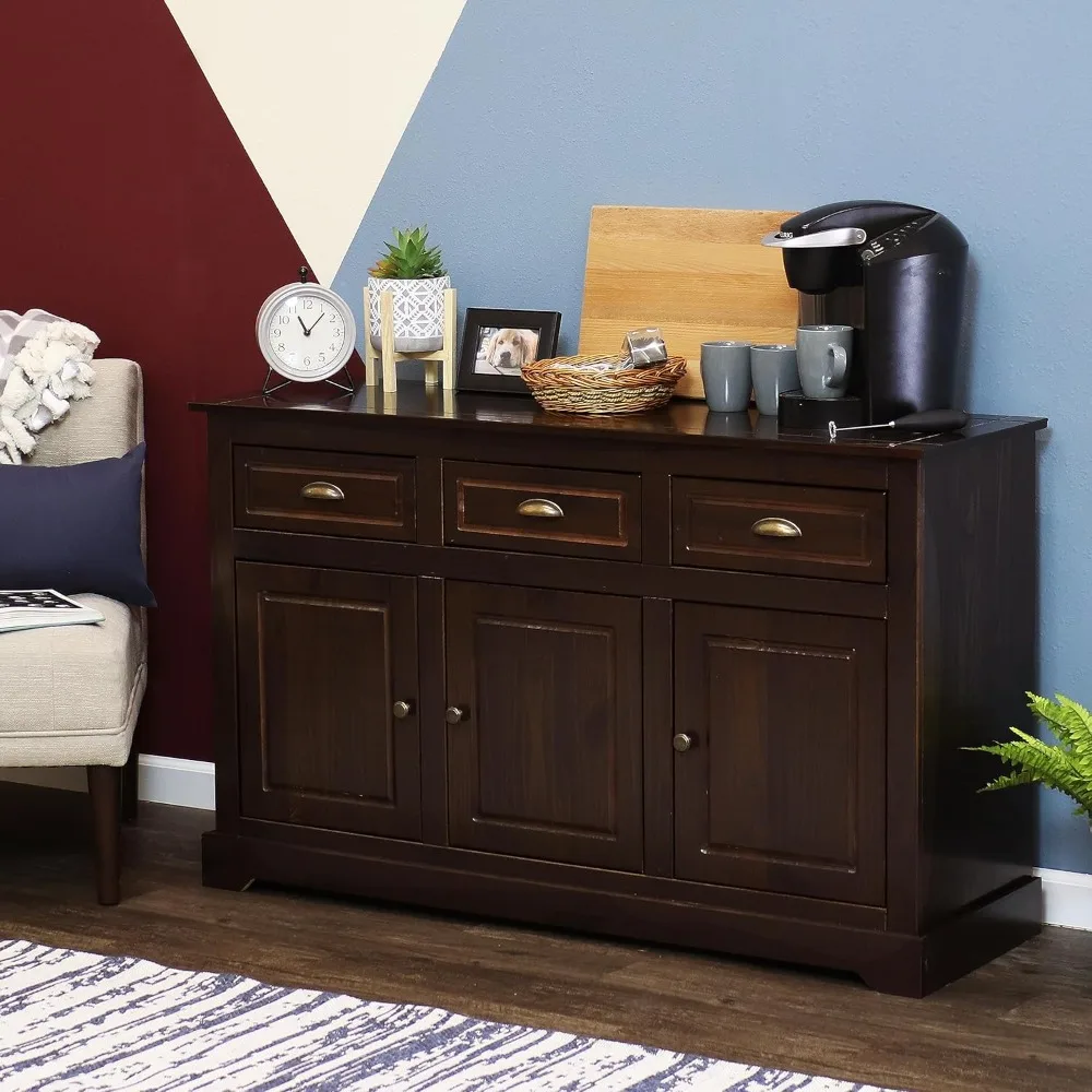 Solid Pine Sideboard Cabinet with 3 Drawers and 3 Doors - Features Adjustable Inner Cabinet Shelf - Zinc Alloy Hardware