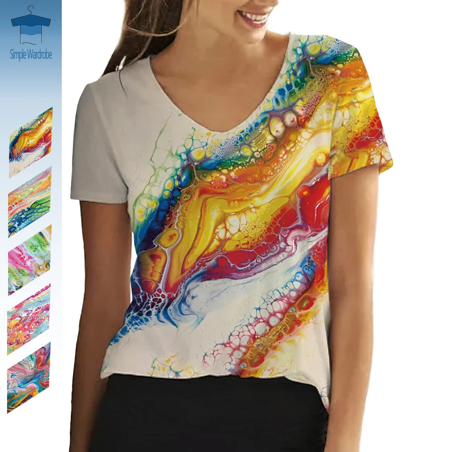 3D Print Streetwear Woman Graphic Clothing Normal Size Tie-dye Fluid Painting Popular Summer Colorful V-neck Women's T-shirt