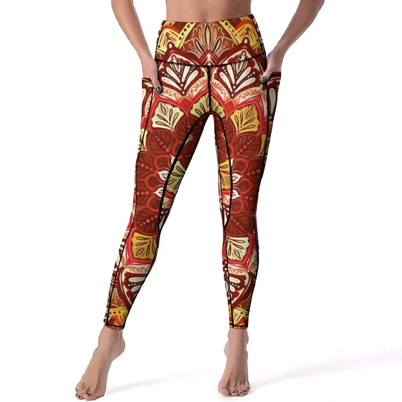 

Retro Boho Floral Leggings Sexy Red and Gold High Waist Yoga Pants Sweet Stretchy Leggins Women Graphic Fitness Sports Tights