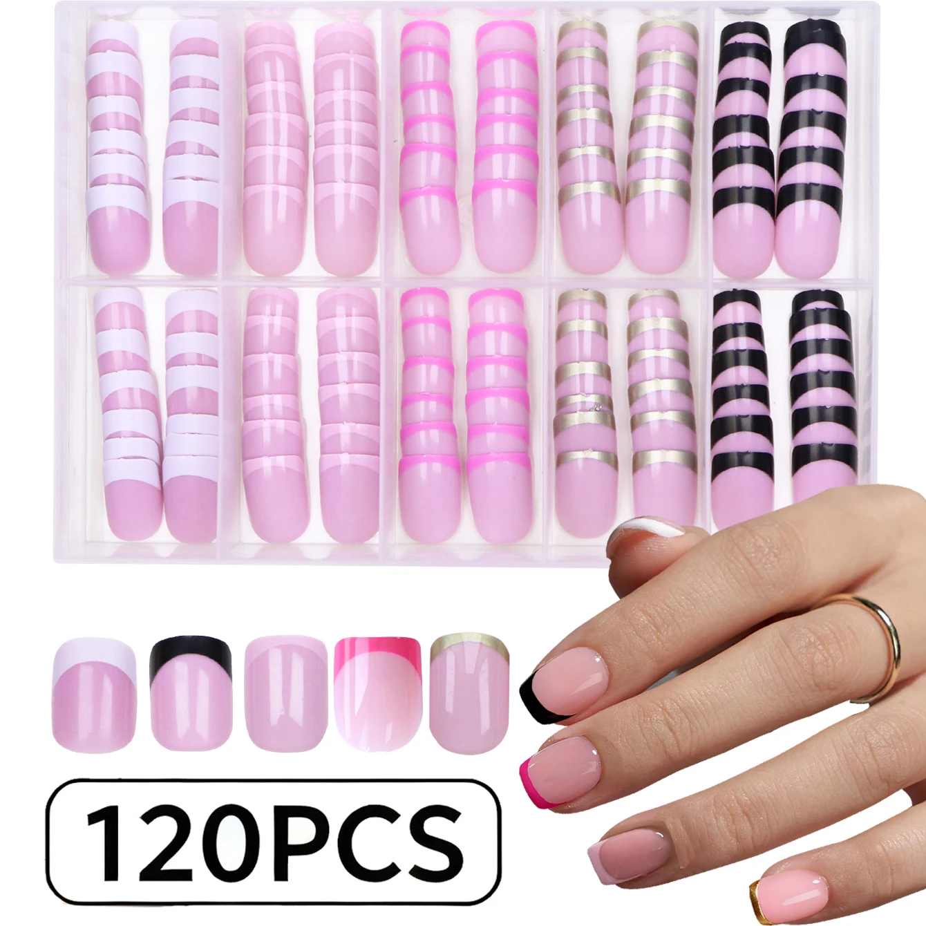 120pcs French Edge Press Short Square False Nails Full Coverage Acrylic Nail Art - Detachable False Nails Whitening Nail Art Set