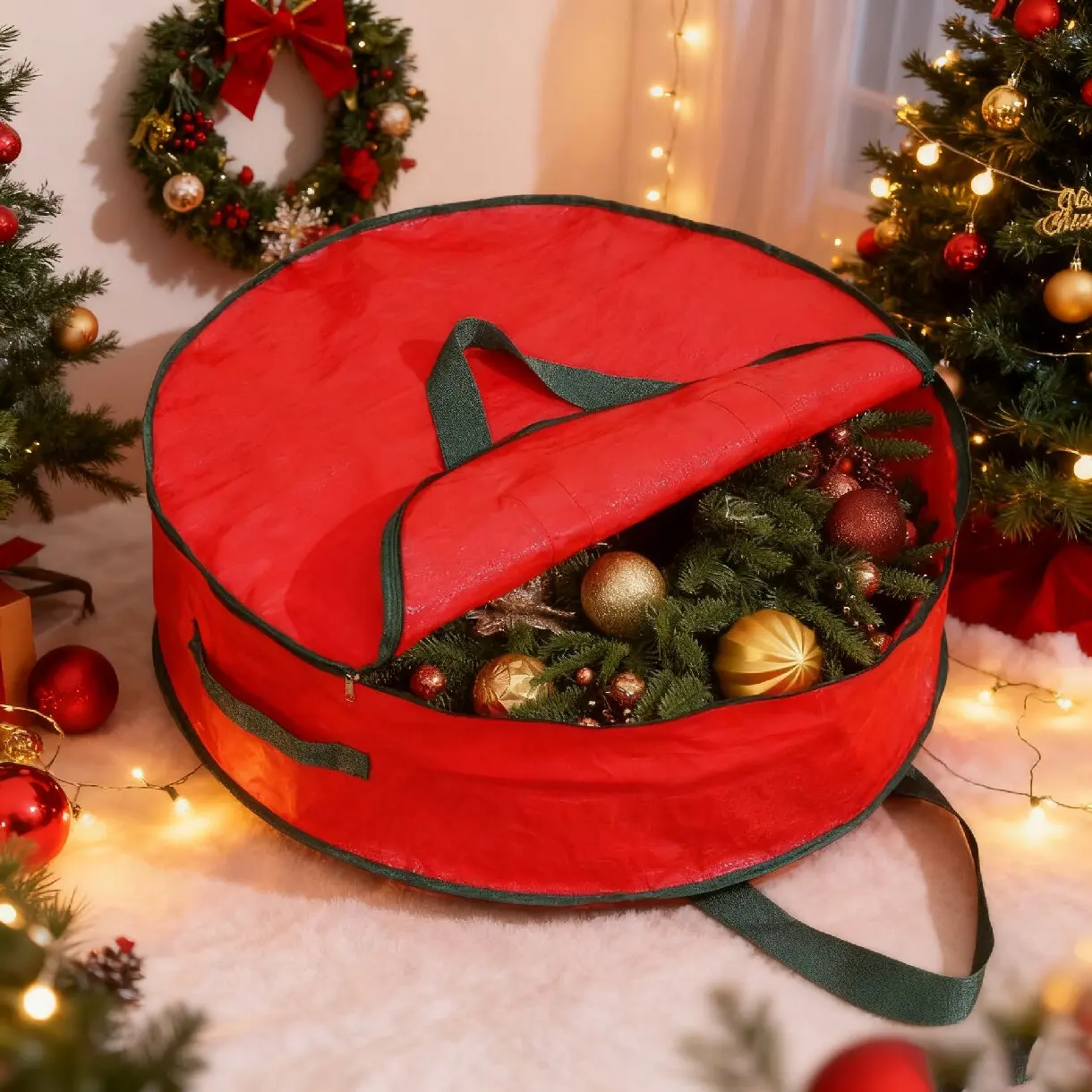 Sac de rangement rouge couronne de noël, sac de rangement circulaire pour décoration de noël, sac de rangement pour Arrangement d'arbre de noël