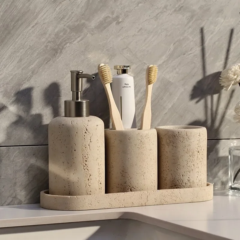 Limestone Toothbrush Holder with Light Yellow Holes, Soap Dispenser, Bathroom Tray, Natural Marble, Home Decoration Accessories