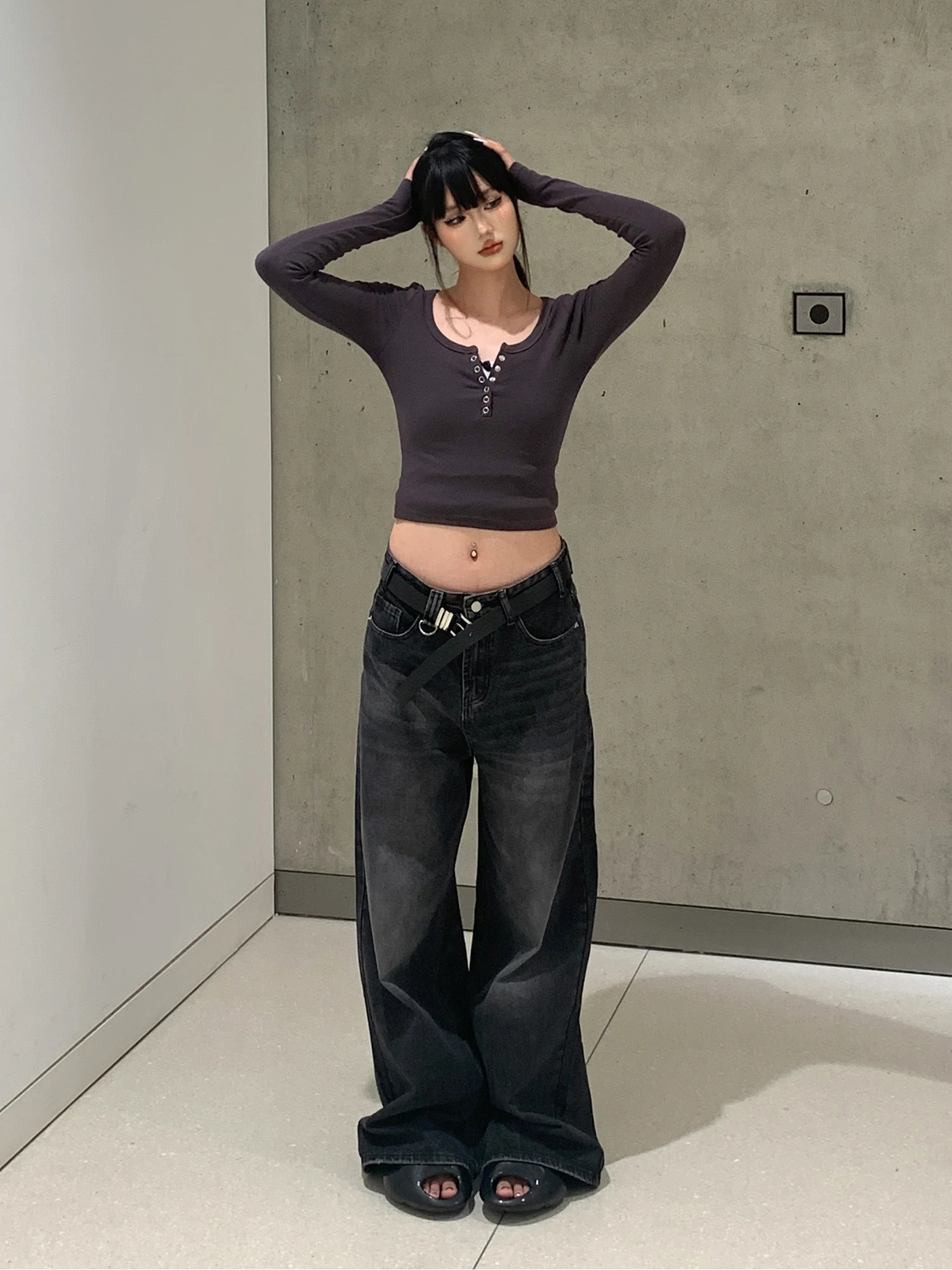 

TQFQ Винтажные широкие брюки из Гонконга Sle Bla ey Oustard Джинсы Свободный дизайн длиной до пола Прямой крой l Талия