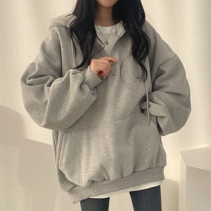 HOUZHOU Women cardigan Hoodie Streetwear Gray Harajuku Oversized Top Sweatshirt Female Casual Long Sleeve Pocket Hooded Coats