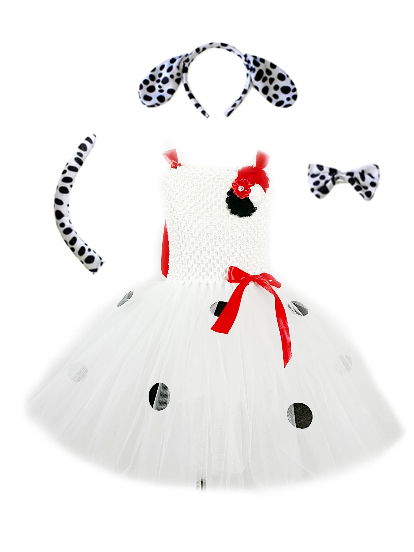 Dalmatian Dog Tutu Dress White Black Spotted Animal Halloween Costume Puppy Dressing Outfit