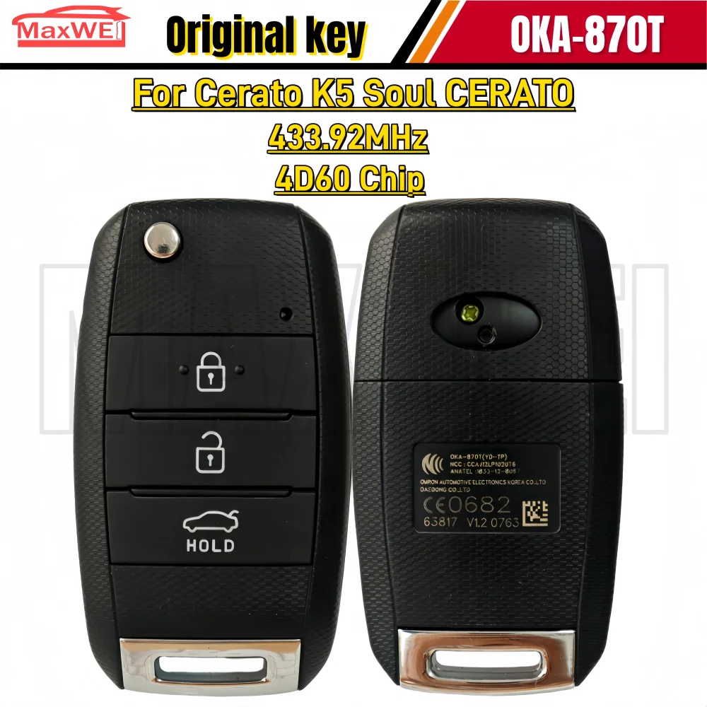Clé de télécommande originale OKA-87T (YD-TP) 95430-A7100/A7101/S4000 433.92MHz avec puce 4D60 pour Cerato K5 Soul CERATO 2014-2018