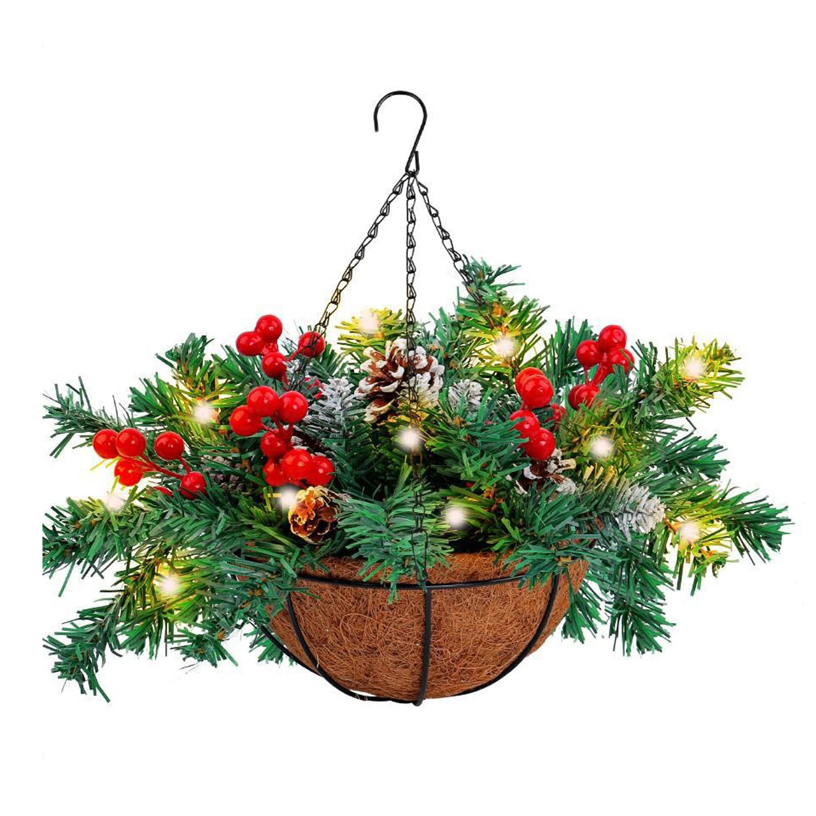 Realistic Pine Leaves Adorned Hanging Flower Basket For Front Porch Decor Equipped With Sturdy S-shaped Hooks For Easy