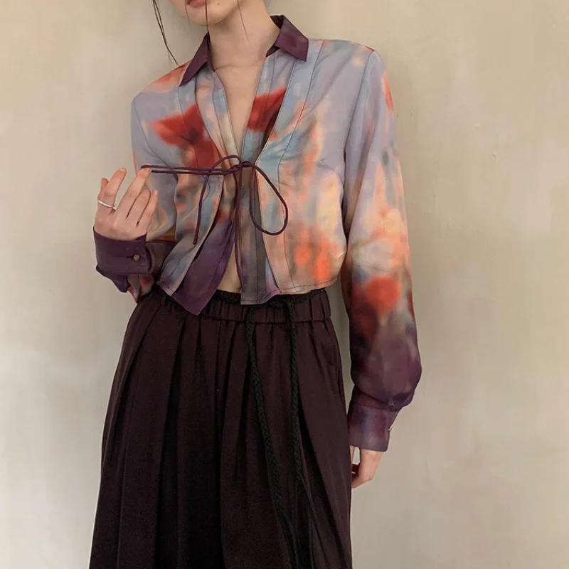 Vintage Oil Painting Printing Long Sleeve Short Shirt Women Fashion Lapel French Simple Korea Chic French Summer New Style