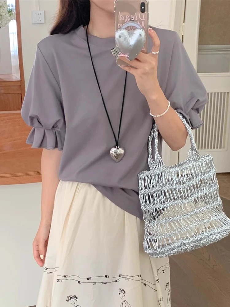 

Chic Summer Vintage round Ne Loose Versatile Splice Wooden Ear ort Sve T-irt Women's Faionable Korean Sle Top