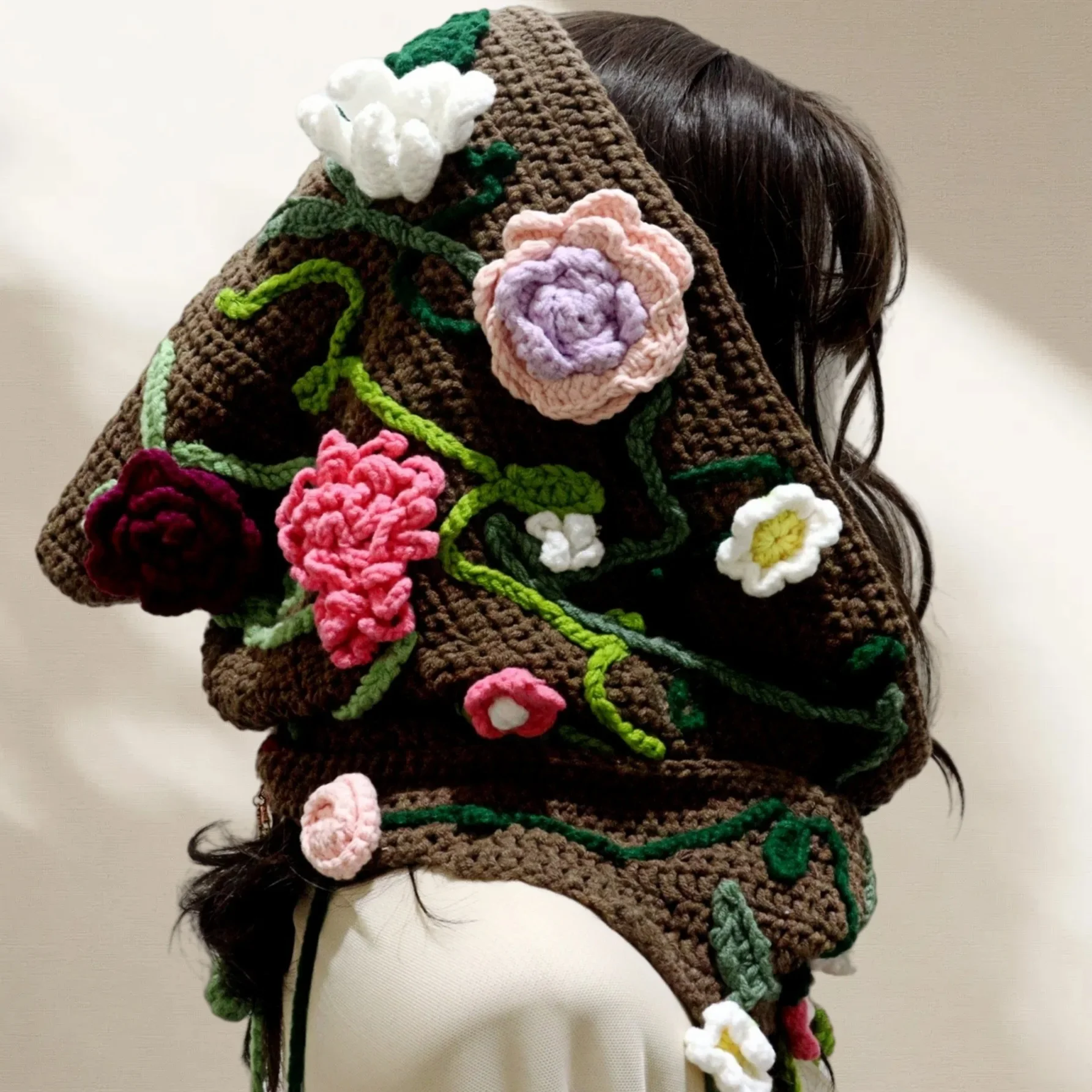 

Ladies Handmade Crochet Shawl Cape Cloak Cap Casual Wool Hat Forest Bib Hat Flowers Retro Large Brim Hat Warm Knitted Cap