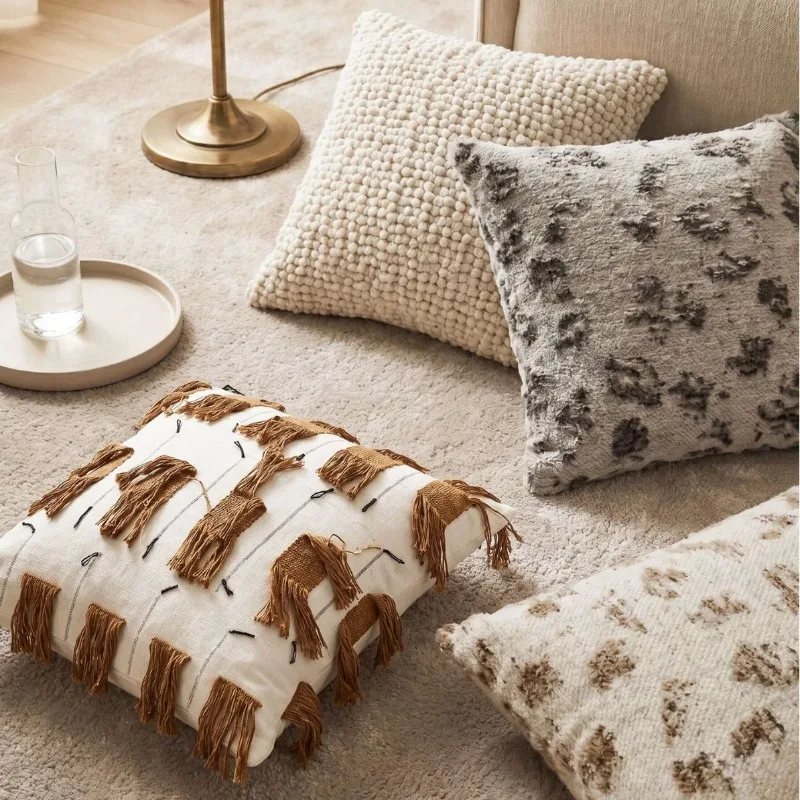 Luxurious Textured Pom-pom Tufted PillowCover Modern Neutral Abstract Tufted Cushion Case Cozy Plush Throw Pillowcase Home Decor