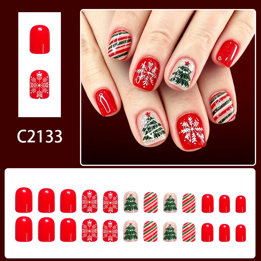 Red Christmas Press on Nails Short Square Snowflake Tree Stripe False Nails Holiday Nail Art for Ladies