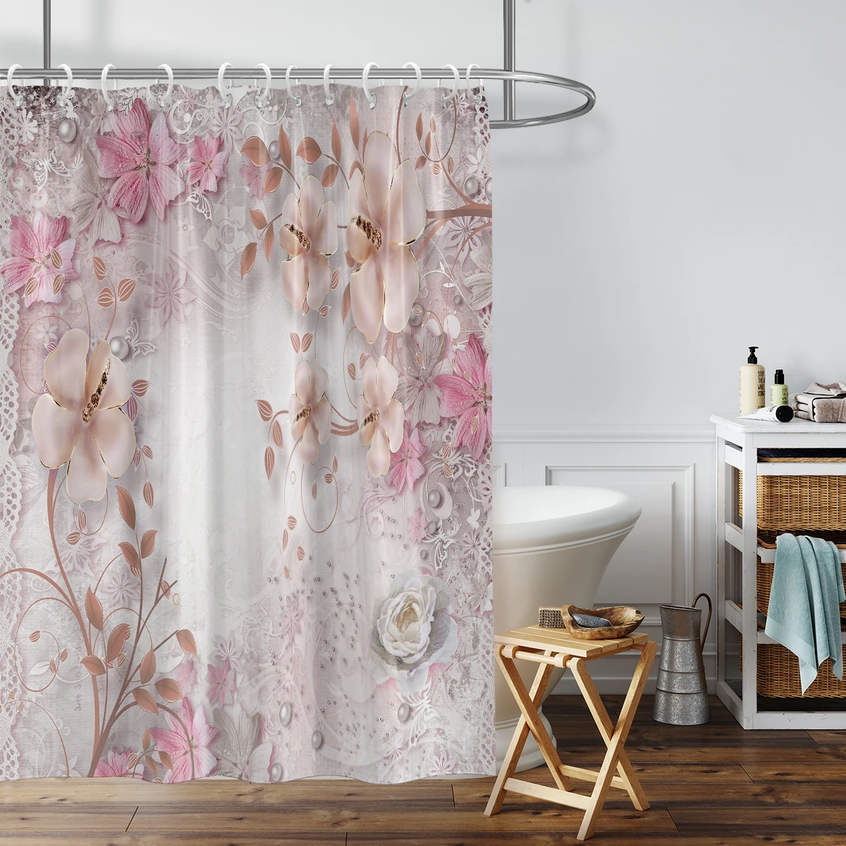 1PC Pink lace flowers printed shower curtain, waterproof, washable, with 12 hooks, bathroom shower, home use