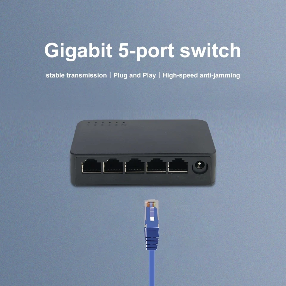 Mini Desktop Gigabit Switch de Rede, 5 Portas, Ethernet 1000Mbps, Alto Desempenho Smart Switcher, Hub RJ45, Internet Injector