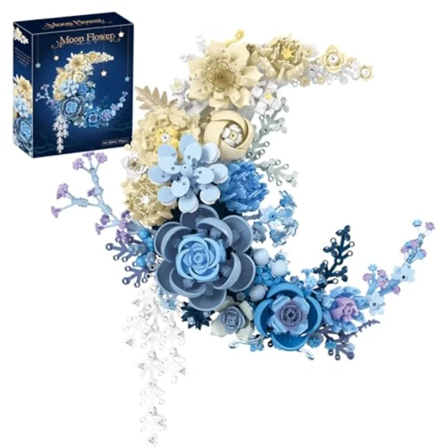 

Blue Moon Flower Building Blocks for Adults - Creative Crescent Moon Rose Model Kit, Home Office Desk Decor, Artificial Plant,