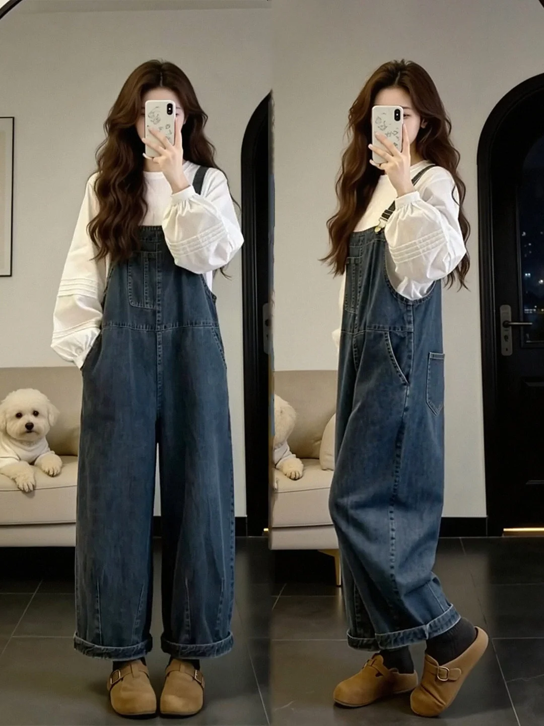 Conjunto de camisa blanca y overol de mezclilla para mujer, talla grande, estilo primaveral, informal, holgado, de cintura alta, que combina con un look juvenil y a la moda.