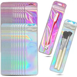 50pcs Long Iridescent Ziplock Bag Transparent Laser Plastic Seal Bags for DIY Jewelry Display Handicrafts Nail Eyelash Packaging