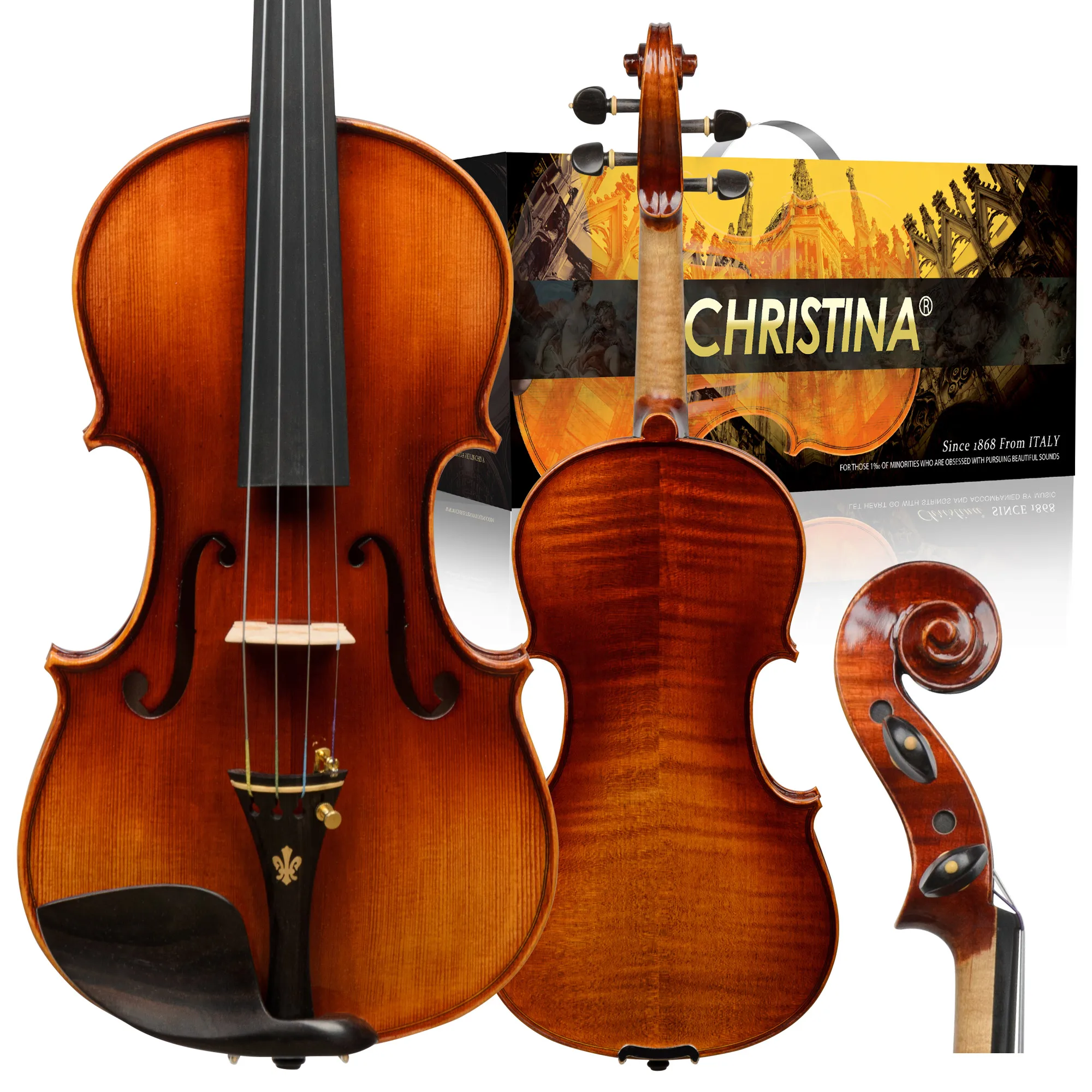 

CHRISTINA Purely Handmade Violin V06C Red Gradient Solid Spruce Two-piece Flame Maple Back Ebony Fittings 4/4-1/8 Size Available