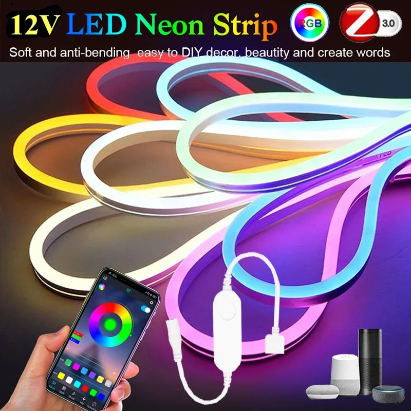 

DC12V Zigbee3.0 Neon RGB LED Strip Dimmable Ambience Backlight Solf Tape Cabinet Light Room Decor Smart Control for Google Alexa