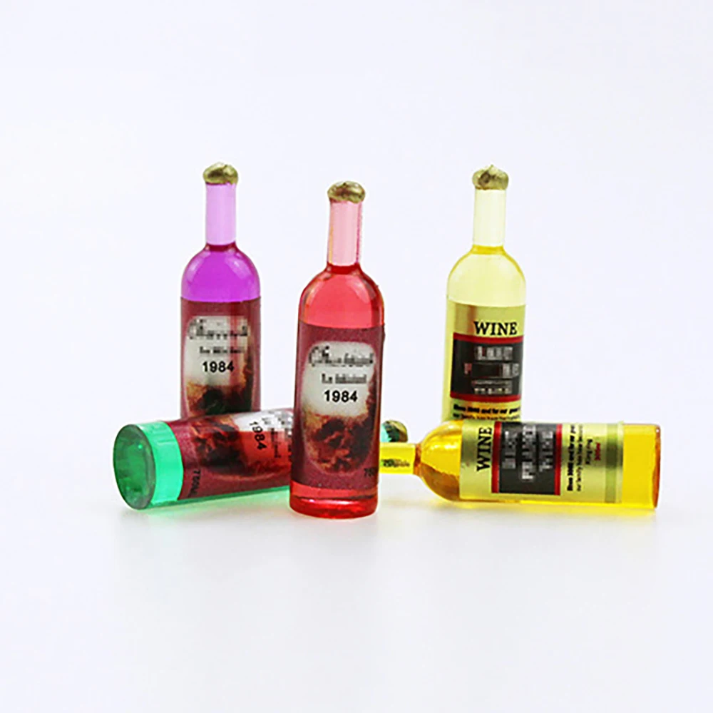 5Pcs 1/12 Dollhouse Miniature Resin Wine Bottle Mini Drinks Champagne Bottle Model Toy for Doll House Accessories Decoration