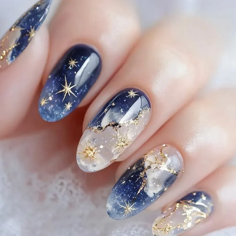 

24pcs Smudging Blue False Nails Gentle Almond Gold Star Patterns Press On Nails Romantic Wearable Fake Nail Spicy Girl Manicure