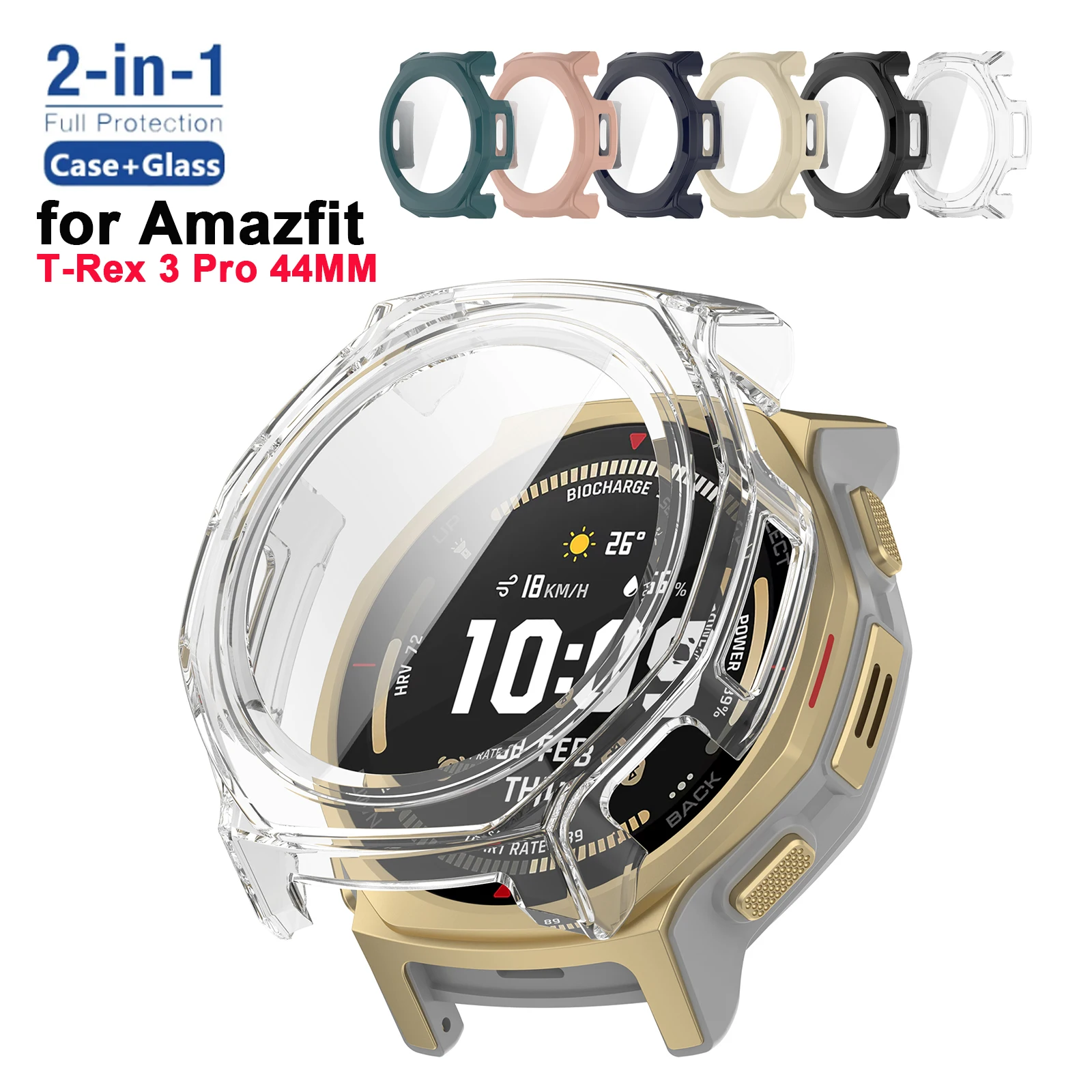 Capa Protetora + Vidro para Smartwatch Amazfit T-Rex 3 Pro 44MM, Protetor de Tela e Bumper para Amazfit T-Rex3 Pro 44MM, Capa de PC
