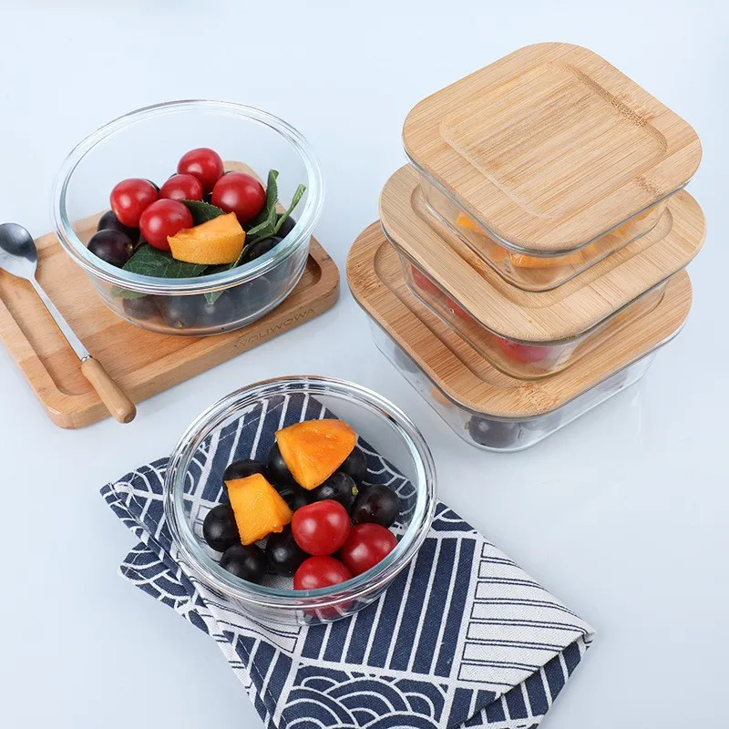 

Microwave Safe Glass Lunch Box with Bamboo Lid Sealed Preservation Container Transparent Glass Bowl for Easy Meal Prepping