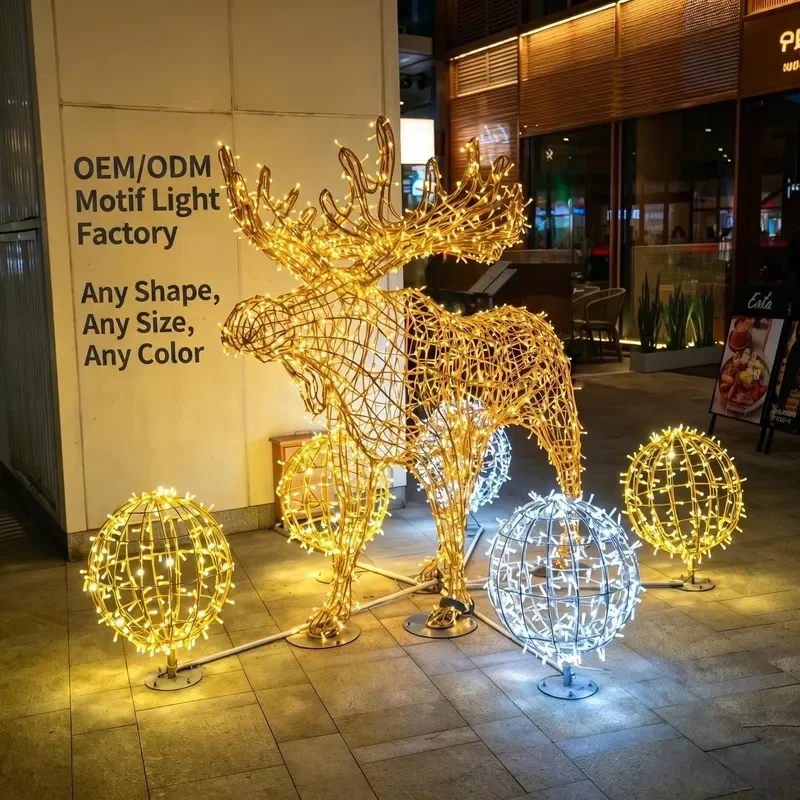OEM ODM Customizable IP65 Outdoor LED Moose Motif Light 3D Elk Stag Sculpture with Glowing Spheres for Mall Plaza Decor