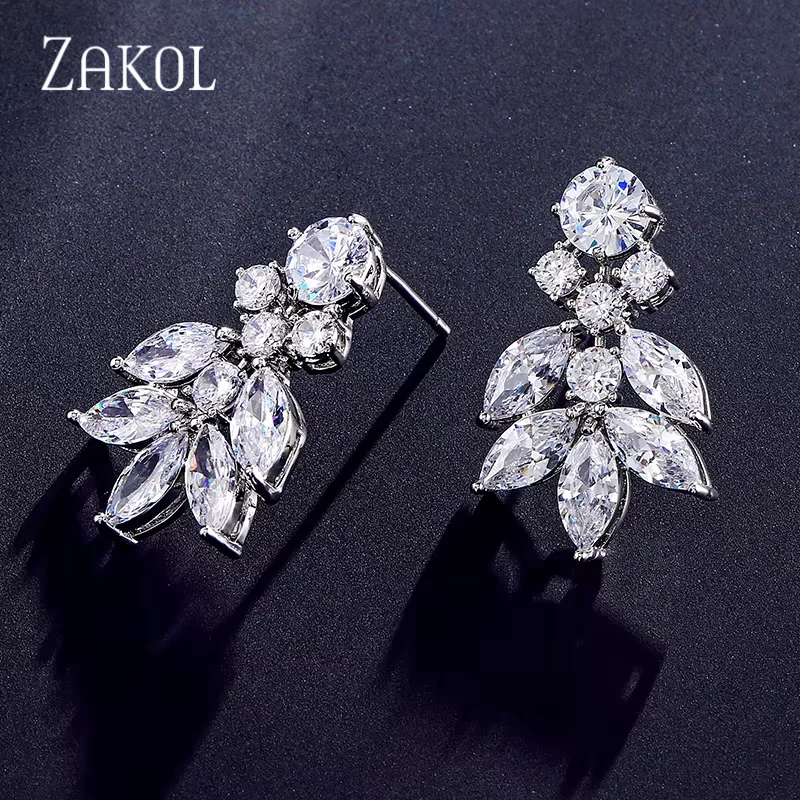 ZAKOL Fashion Marquise Cut Cluster Flower Zirconia Stud Earrings Shiny Crystal Leaf Bridal Wedding Jewelry for Women EP2240