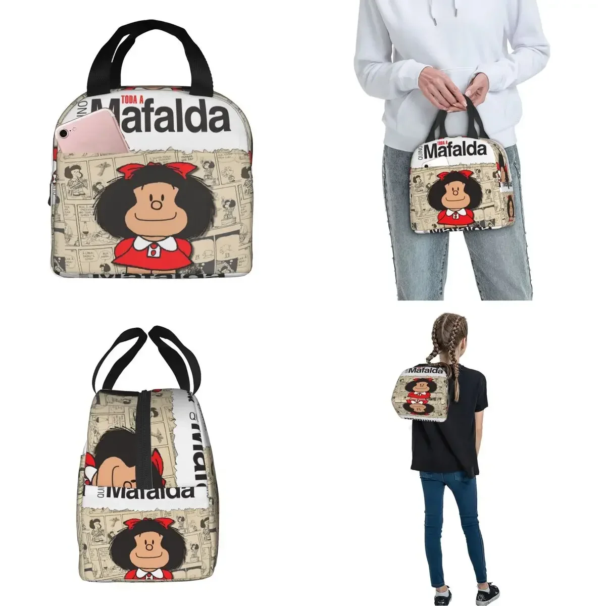 Mafalda Comic Bolsas de almuerzo aisladas Bolsa térmica Contenedor de comida Kawaii Amine Fiambrera de alta capacidad para hombres y mujeres Trabajo