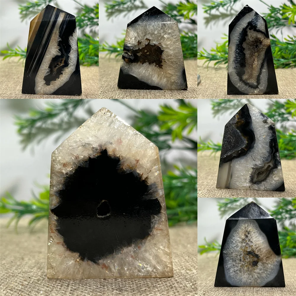 Crystal Natural Black Agate Tower Wand Point Druzy Stone Quartz Minerals Energy Feng Shui Healing Reiki Home Decoration