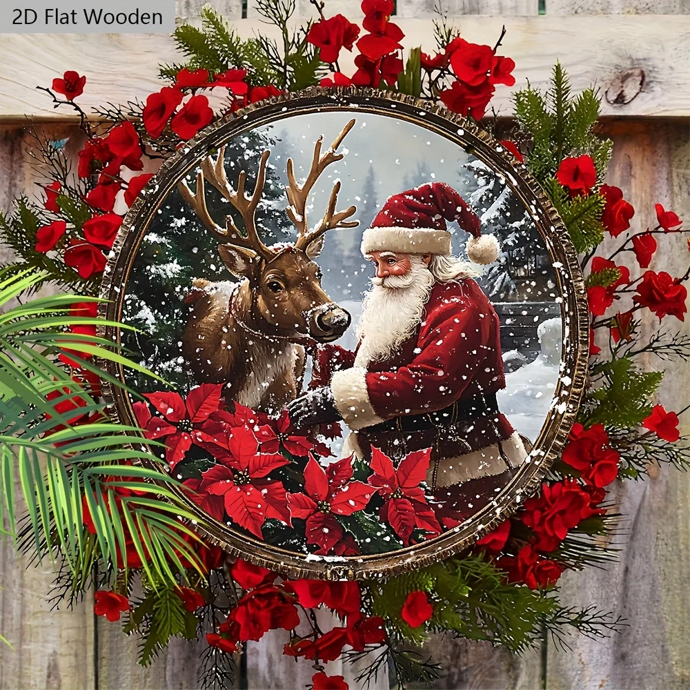 2D Flat, 1pc Festive Santa Claus & Reindeer Wooden Wall Sign - 2D Flat Round Hanging Decor with Warm Winter Theme, Perfect for F