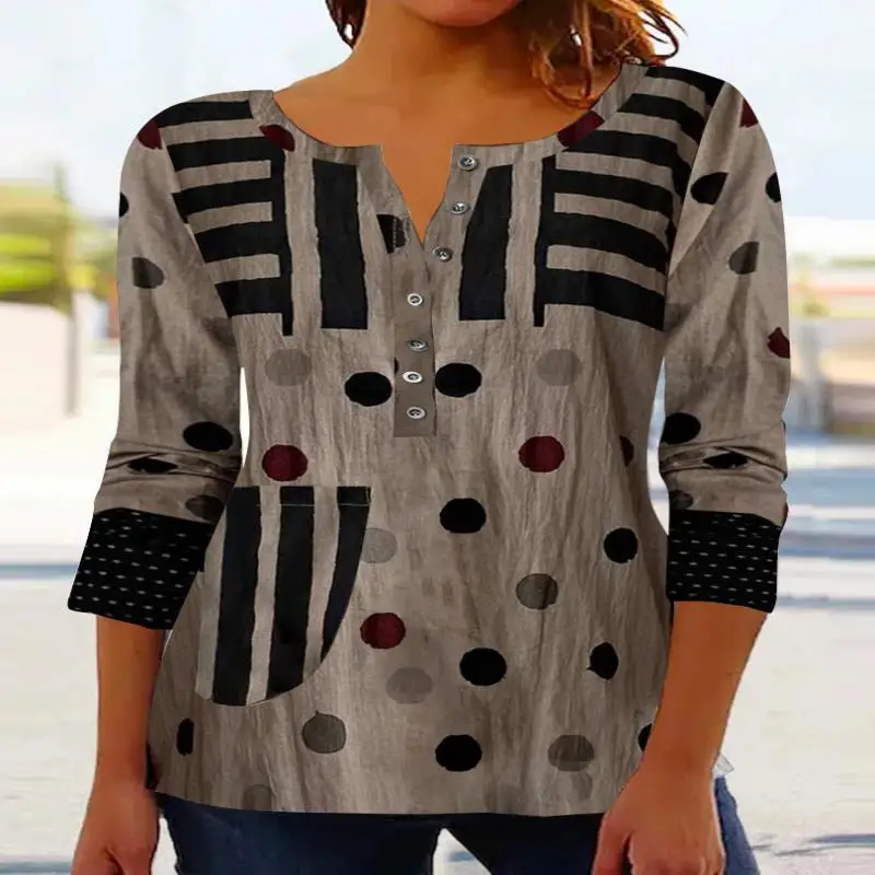 

Plus Size Women Long Sleeve V-neck Printed Polka Dot Women Top