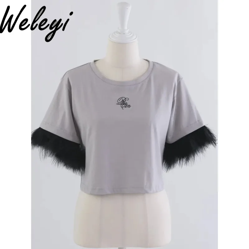 

Summer Removable Feather Cuffs Short T Shirts 2024 New Fashion Japanese Style Elegant Sweet Slim Fringed Crop Tee Top for Women