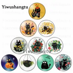 Black cat Flowers and grass lovely animals 12mm/20mm/25mm/30mm Round photo glass cabochon demo flat back Making findings
