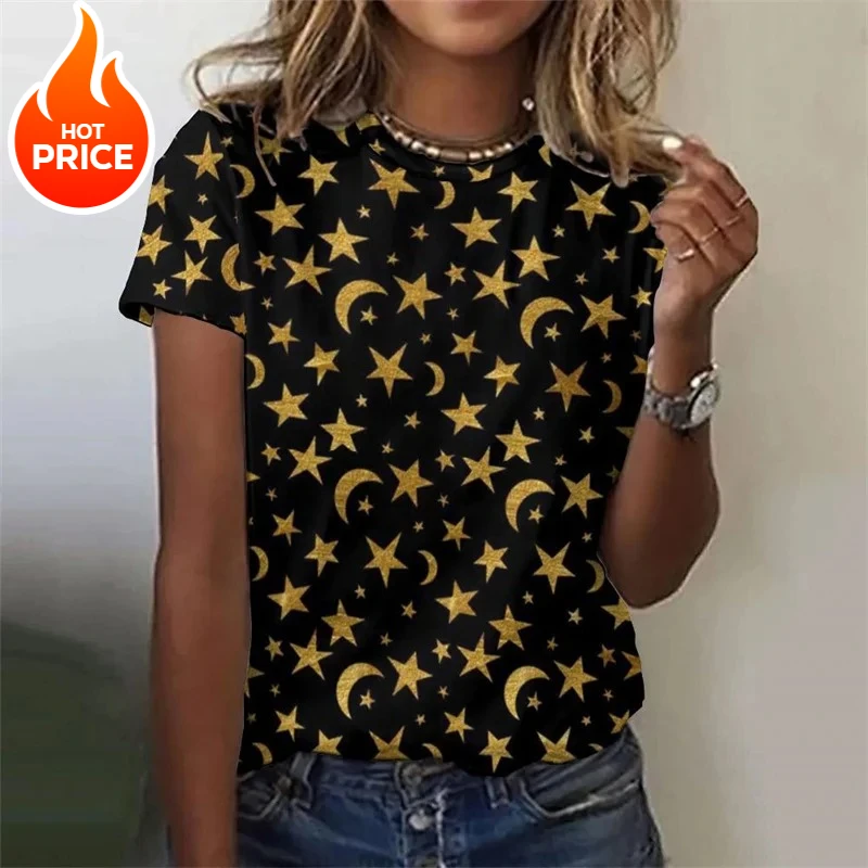 3D-gedrucktes Sonnensterne-Mond-T-Shirt für Frauen, Sternenhimmel-Grafik-T-Shirts, Sommer, lässige, lockere T-Shirts, Rundhalsausschnitt, kurze Ärmel