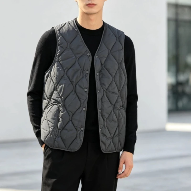 Men Sleeveless Warm Vest Lightweight Button Front V-neck Quilted Padded Waistcoat Thermal Solid Color Casual Layering Coat Vests