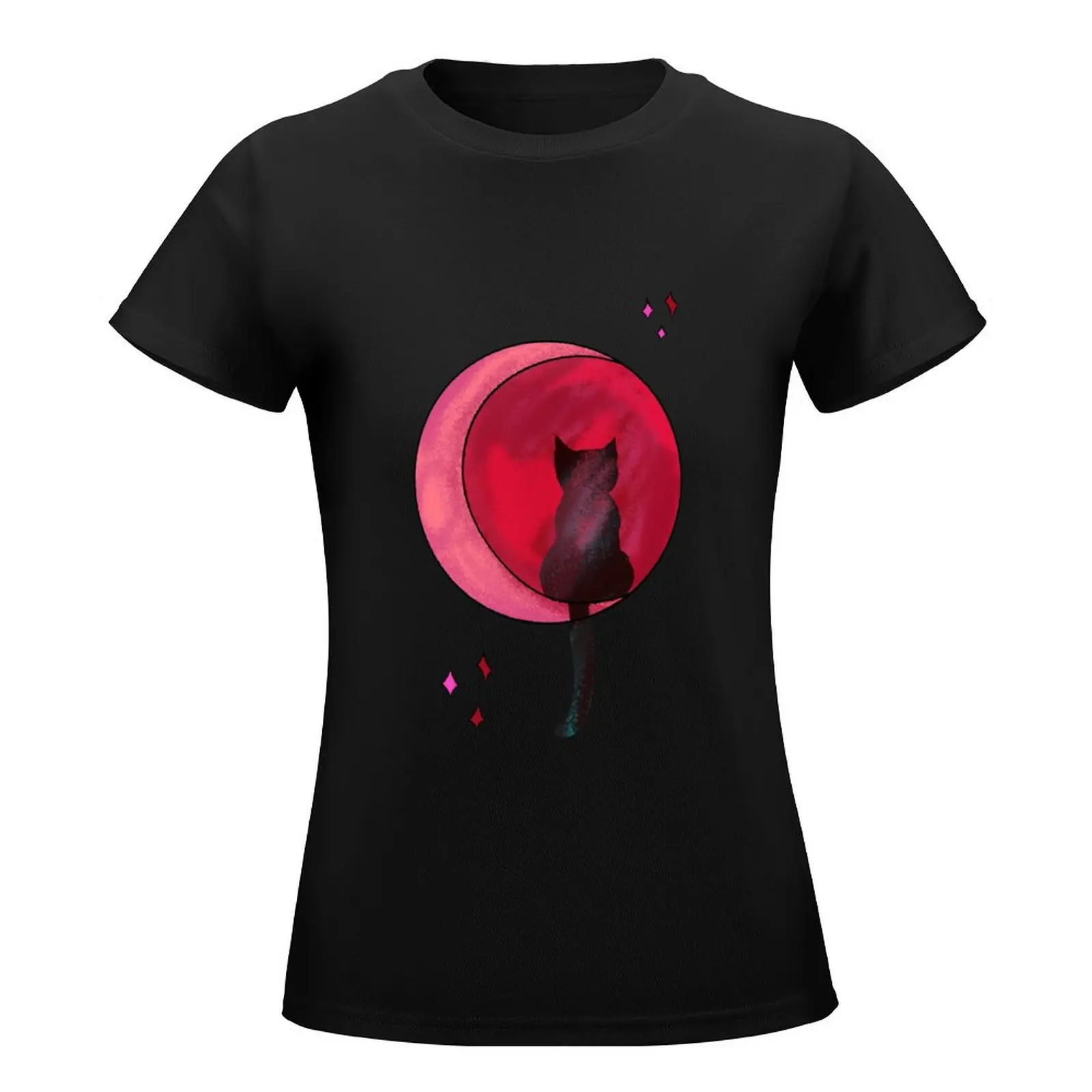 Red Moon and Cat T-Shirt vintage korean fashion animal print shirt for girls animal prinfor Women's t-shirt