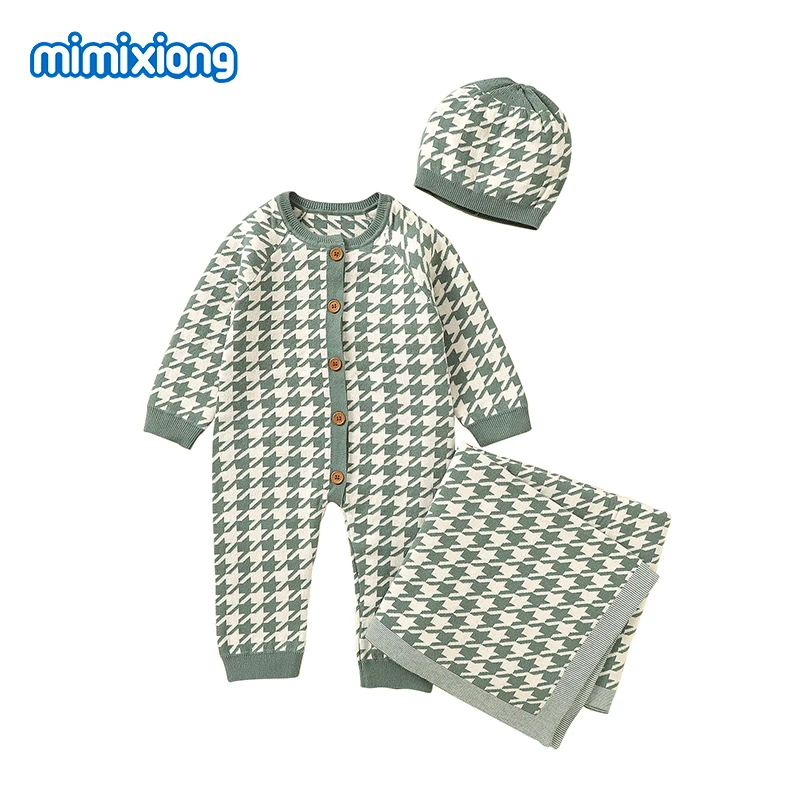 Baby Rompers Newborn Infant Boys Girls Plaid Knitted Cotton Jumpsuits Hats Outfits Sets Autumn Winter Children Outerwear Clothes