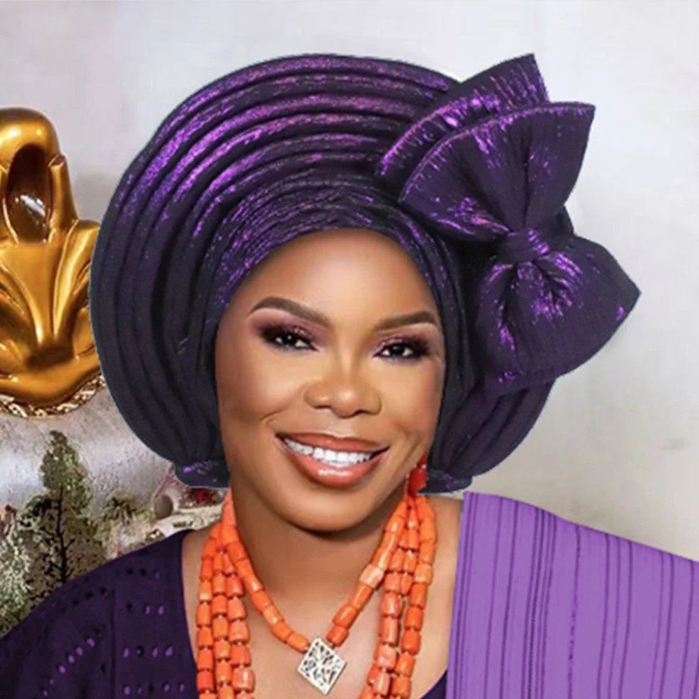 القوس السيارات Gele ربطة الرأس المرأة الأفريقية أشرطة رأس نيجيريا الزفاف Geles حفلة القبعات سيدة عمامة قبعة المصنوعة بالفعل بونيه الحجاب #6