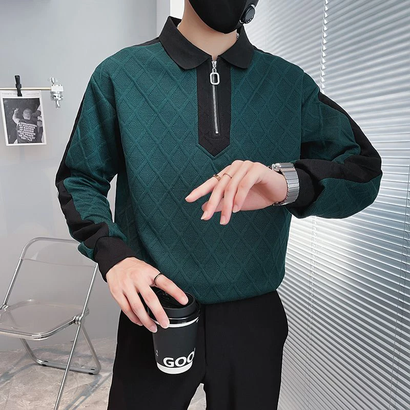 Outono inverno com zíper de manga longa dos homens polo sweatshirts argyle xadrez moda emendado hit cor negócios casual pulôveres de grandes dimensões