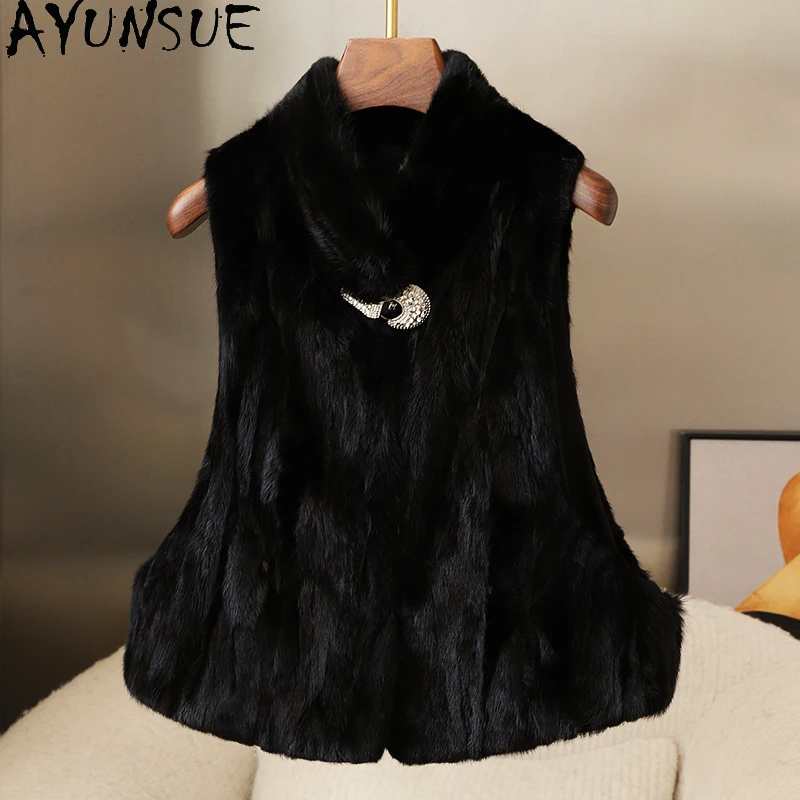 AYUNSUE Mink Fur Vest for Woman 2025 New Black Vest Woman Coat Winter Autumn Clothes Luxury Clothing for Woman Manteau Femme