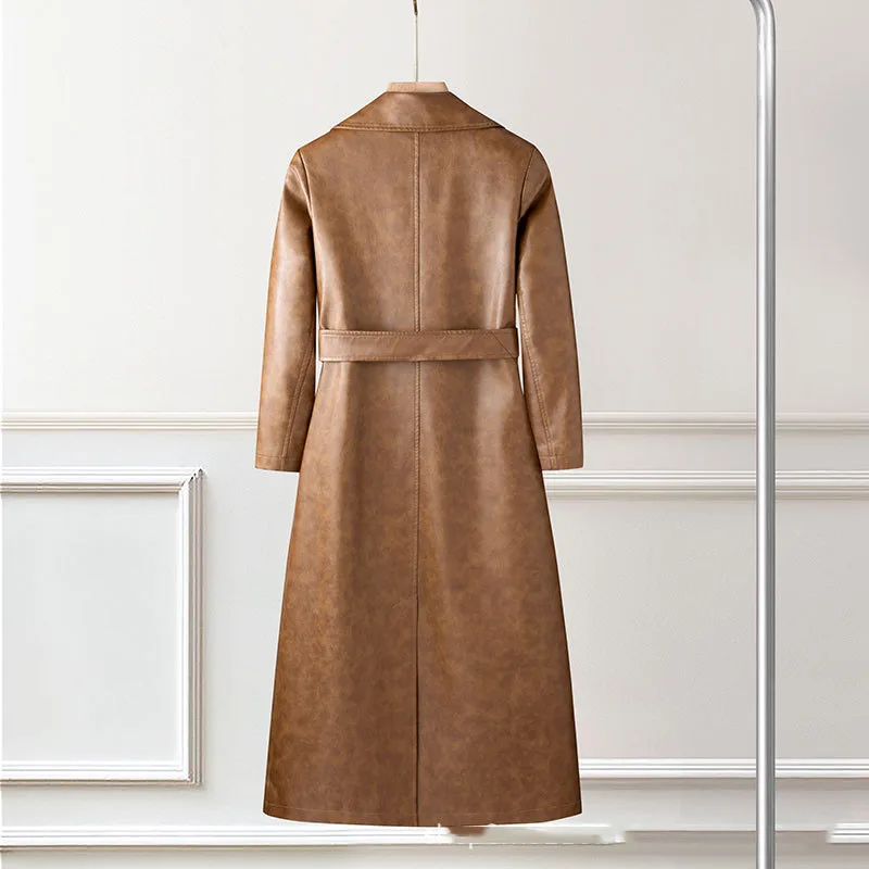 Giacca lunga da donna in pelle PU Primavera Autunno Fusciacche Giacca a vento con risvolto Cappotto doppiopetto americano High Street Fashion