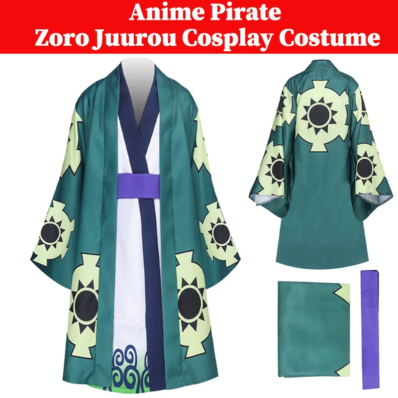 Disfraz de Juurou Zoro para niños, traje de fiesta de Halloween, bata de Wano Country, traje de juego de pirata, trajes de Kimono