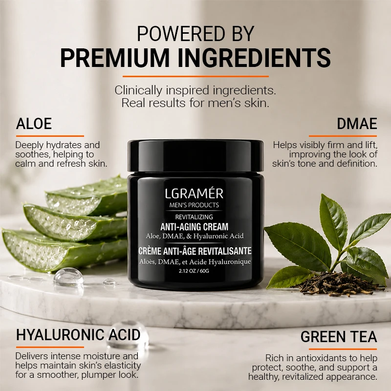 LGRAMER Men's Anti‑Wrinkle Revitalizing Face Cream Aloe Hyaluronic Acid Hydrating Nourishing Cream Daily Face Skin Maintenance