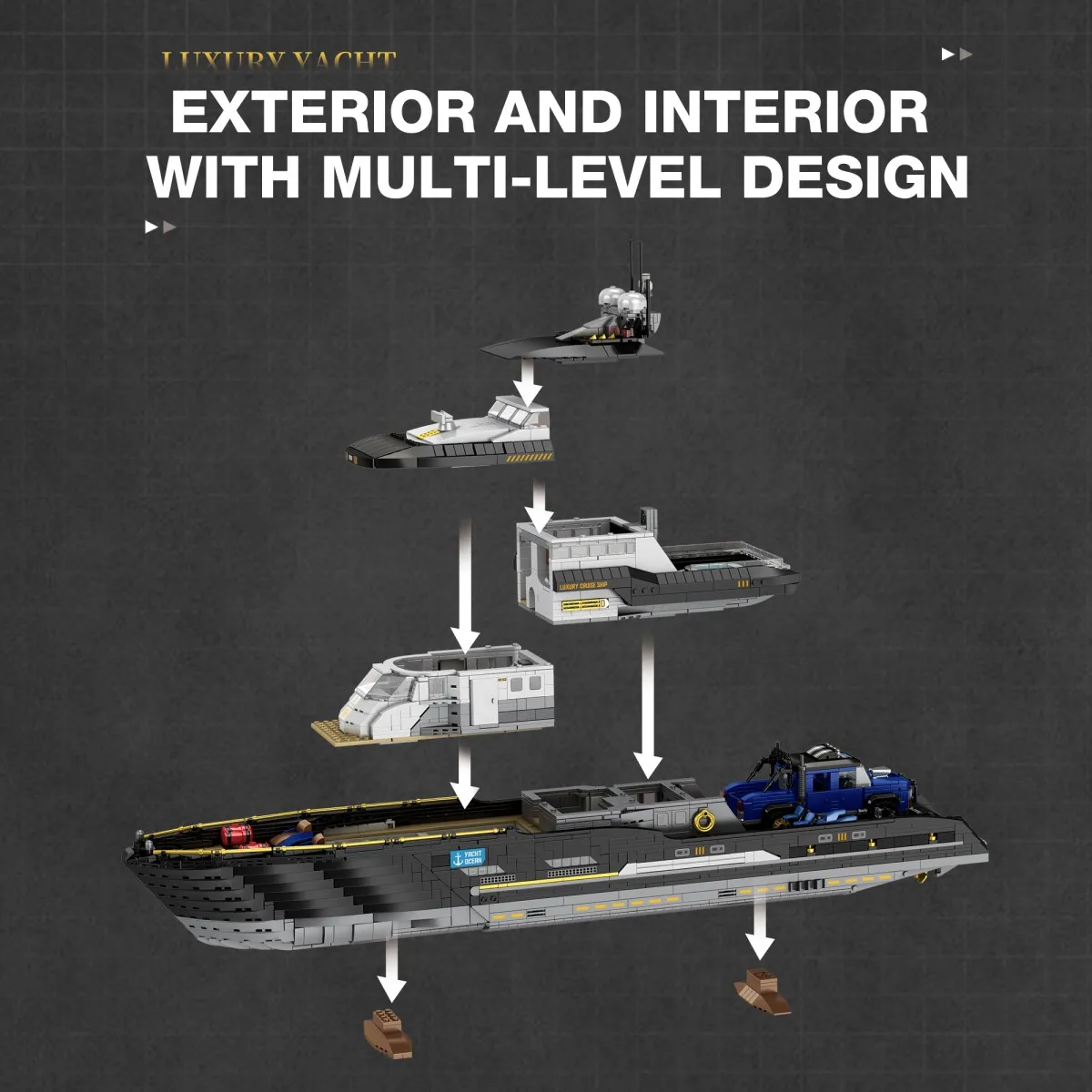 4421PCS Luxury Yacht Building Blocks Set With Motorboat Car Cruise Display Stand Desktop Ornaments Kids Educational DIY Toy Gift