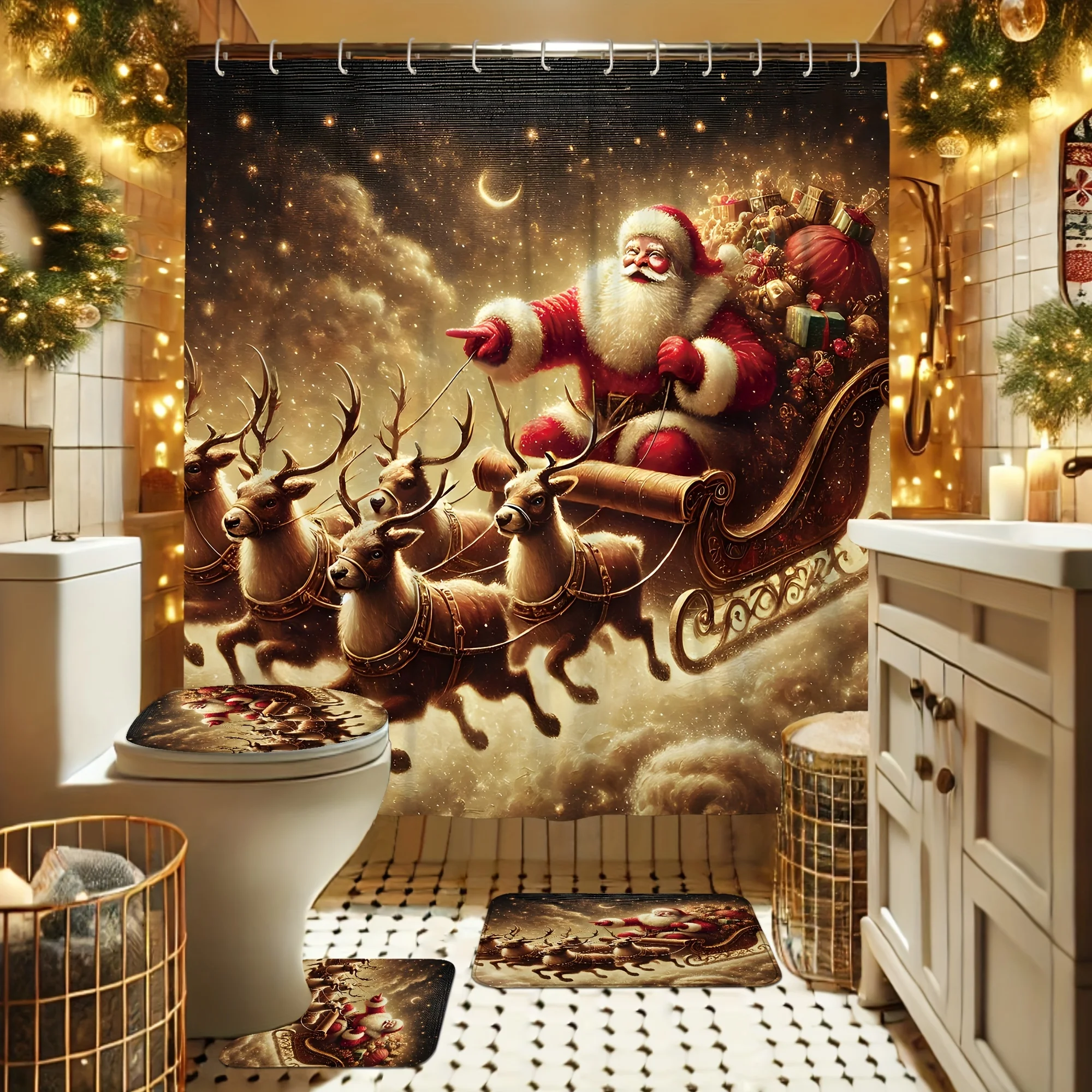 4Pcs Christmas Santa Deer Shower Curtain Set, Cute Funny Red Brown Washable Decor with 12 Hooks, Non-slip Mat & Toilet Cover