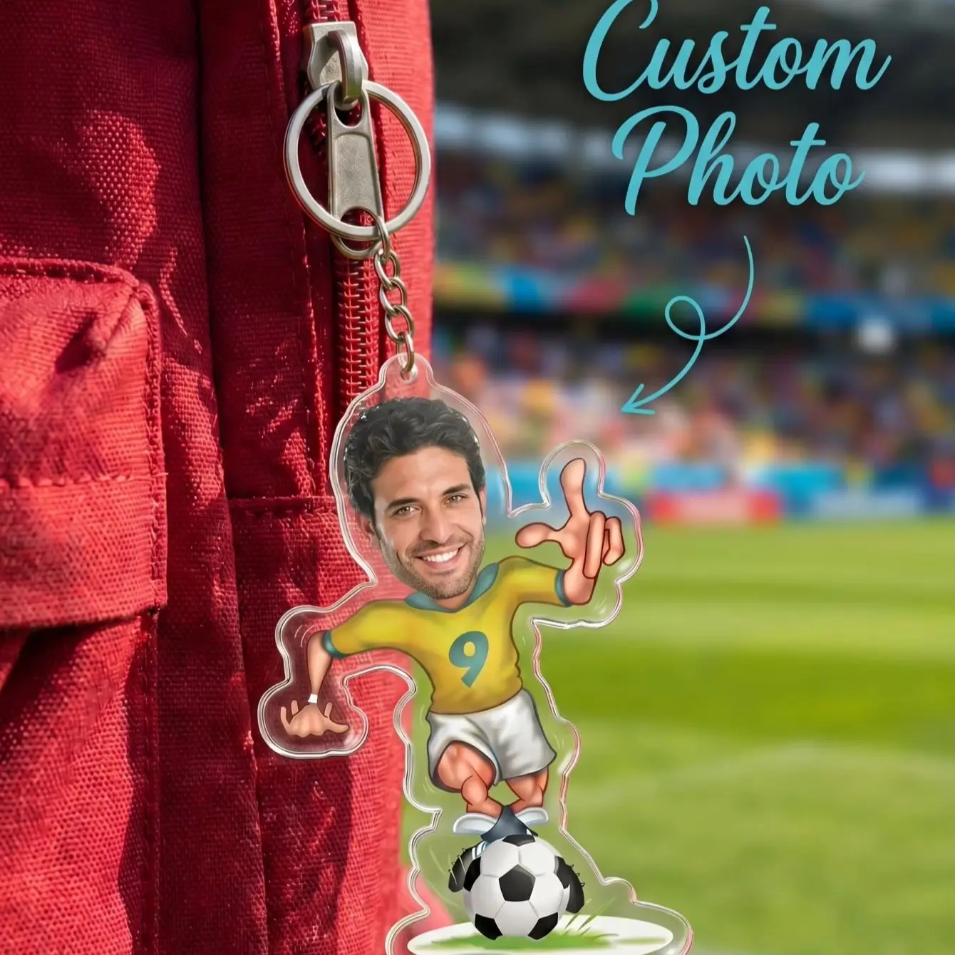Customized personalized photo football player acrylic keychain, for sports football-themed party decoration