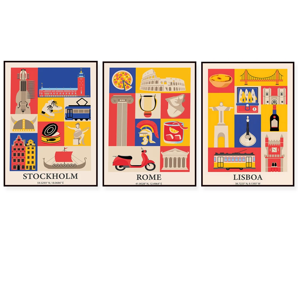 Lisbon Portugal, Stockholm Sweden, Rome Italy, Berlin Germany, France, travel poster, modern home decor, unique wall art gift