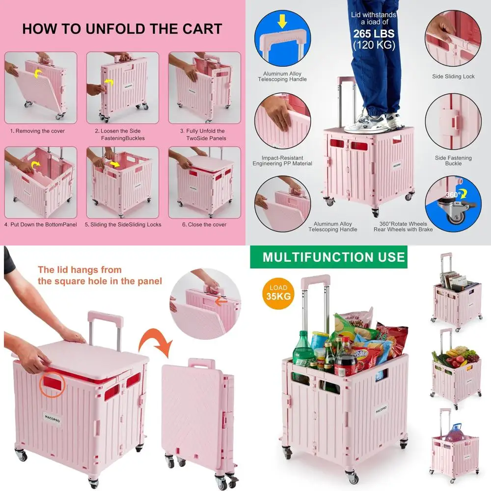 

Портативная складная тележка с крышкой и 4 поворотными колесами для продуктов, покупок и офисного использования (розовая)